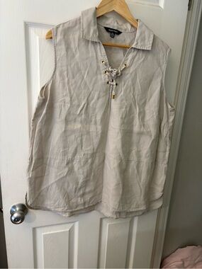 Ellen Tracy linen sleeveless shirt size 1X oatmeal off white gold tie front